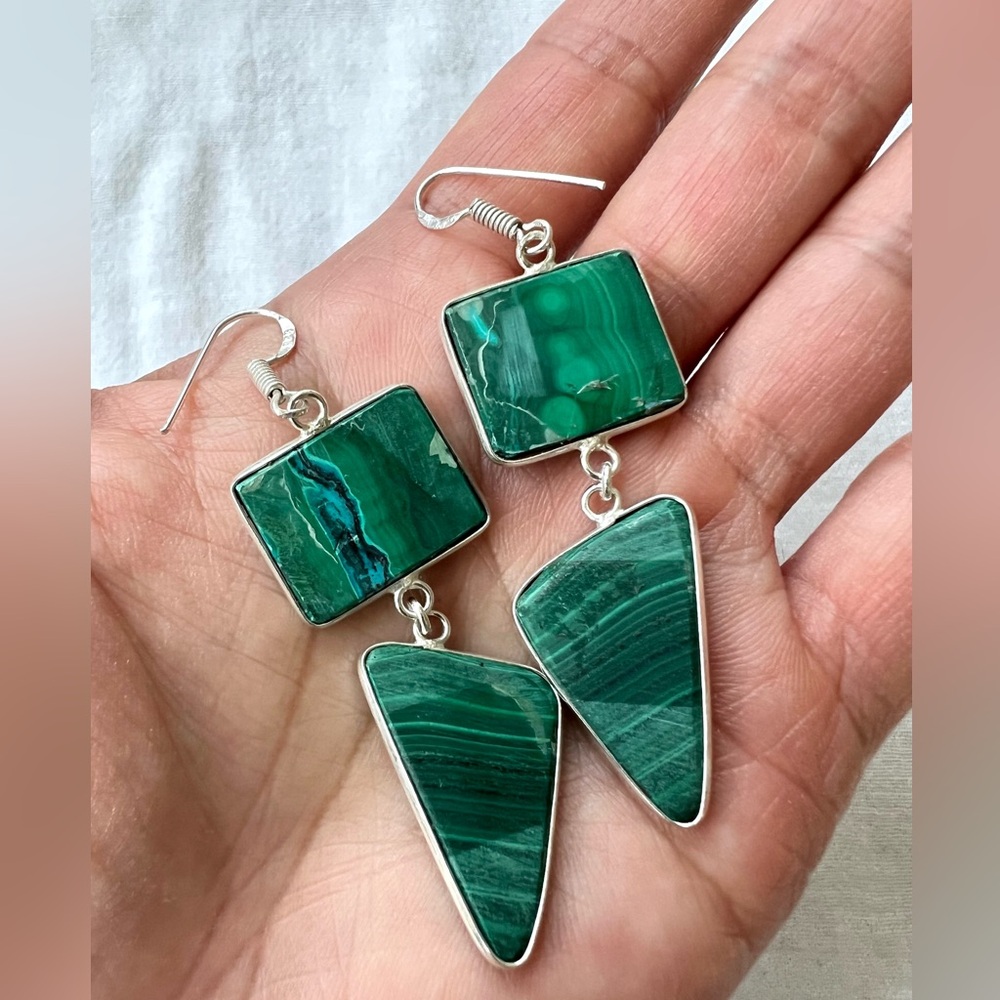 925 OMG Gorgeous! Malachite w/ Chrysocolla Long Earrings - Picture 7 of 9